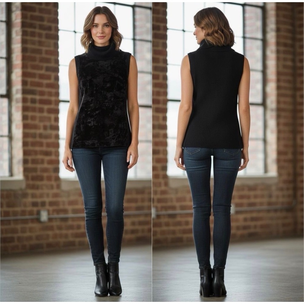 Karen Kane Black Velvet Ribbed‎ Turtleneck Sleeveless Sweater Top  Size M/L
